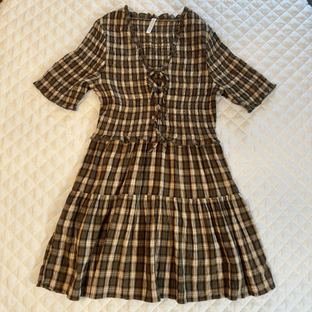 American Eagle-AE-Dress-Puff Sleeve-Tie Front-Plaid-Mini Dress-Sz‎ M-Multicolor